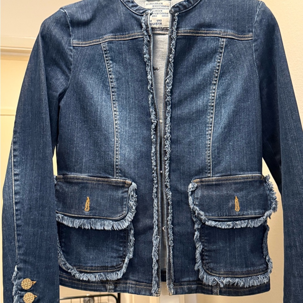 Designer Blue Denim Jacket with Fringe Details
